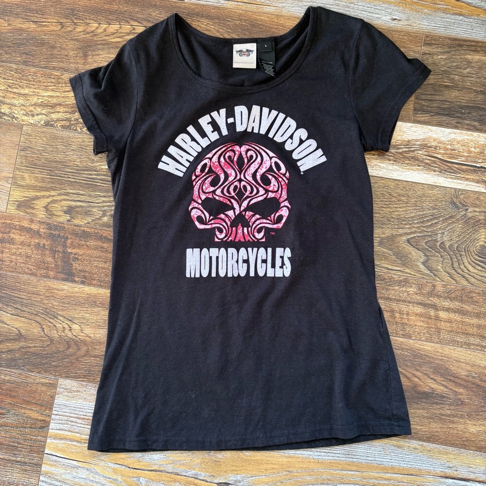 Harley Davidson Womens Black Silver Pink Rhinestone Skull T-shirt Size Large